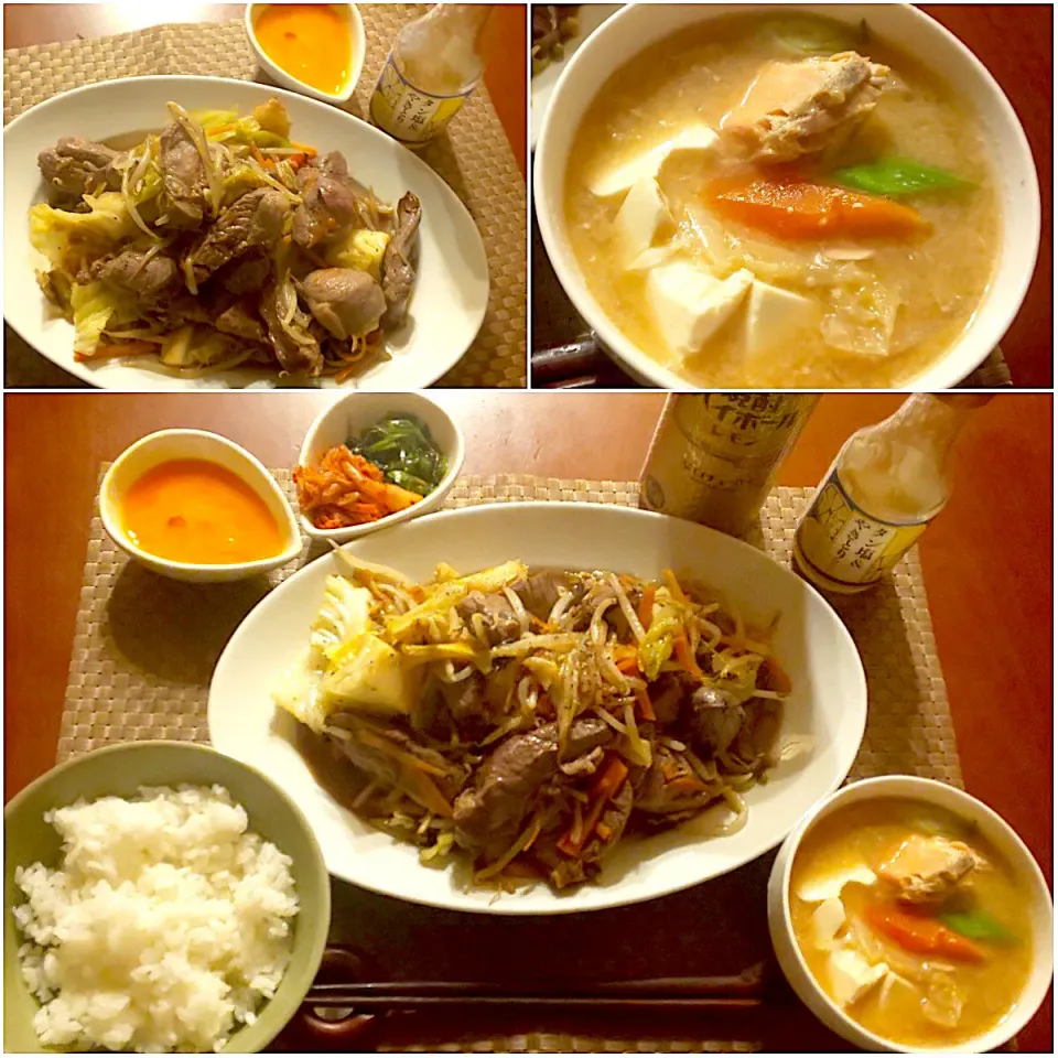 Snapdishの料理写真:Today's dinner🍴生卵･野沢菜昆布&ｷﾑﾁ･ﾗﾑ肉とお野菜のﾚﾓﾝ塩だれ炒め･白飯･母作三平汁|🌈Ami🍻さん