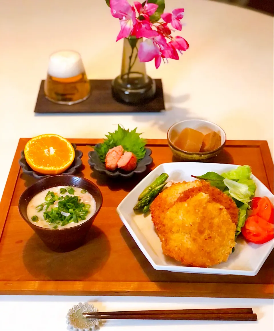 ハムカツ　粕汁　アスパラのソテー　焼き明太子　大根煮🍺😊|あっこさん