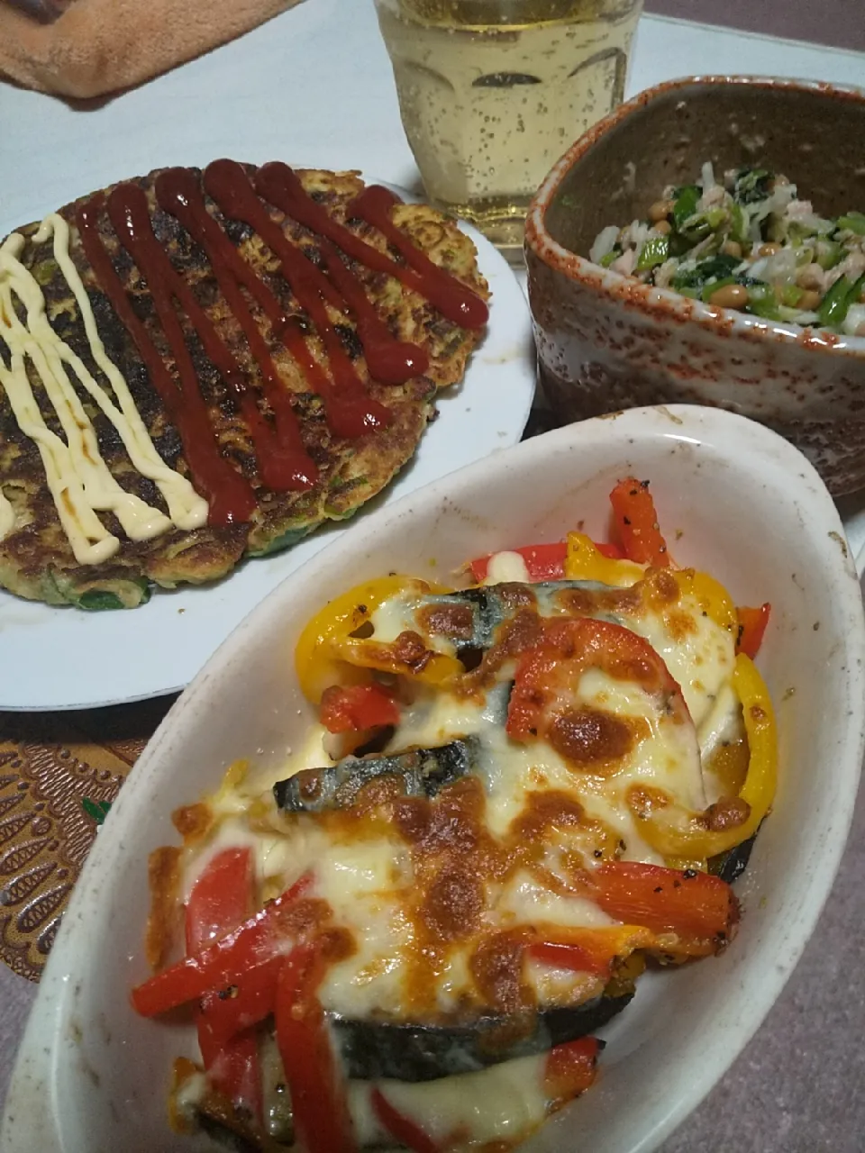 今日の晩御飯
※バターソテーかぼちゃとパプリカのチーズ焼き
※酢キャベツ小松菜ツナ納豆
※おからパウダーでねぎ焼き
※ブランデーハイボール|れあMIXさん