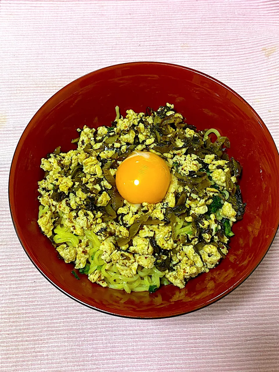 辛子高菜と鶏そぼろの油そば|釣り将軍さん