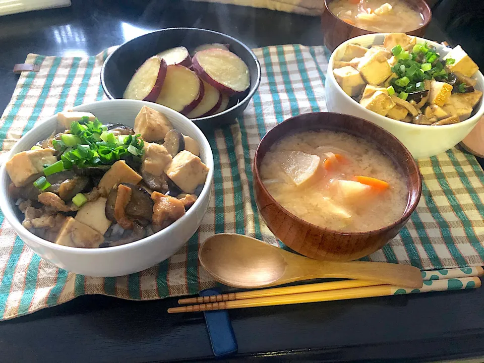 昼ごはん★さつまいもの甘露煮、なすと豆腐のスタミナ丼、みそ汁|ハルさん