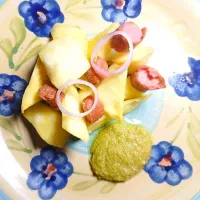 Fried yam with green pepper sauce and sauceage|Jackieさん