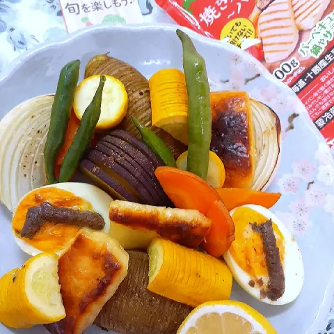 「じゃがいも」を使ってみたSnapdishの料理・レシピ写真:❇️トースターで簡単🔷🥔🍠🥒ハッセルバック野菜と🧀焼きチーズ🧀花畑牧場のハロウミ🐣アンチョビマヨ卵🔷