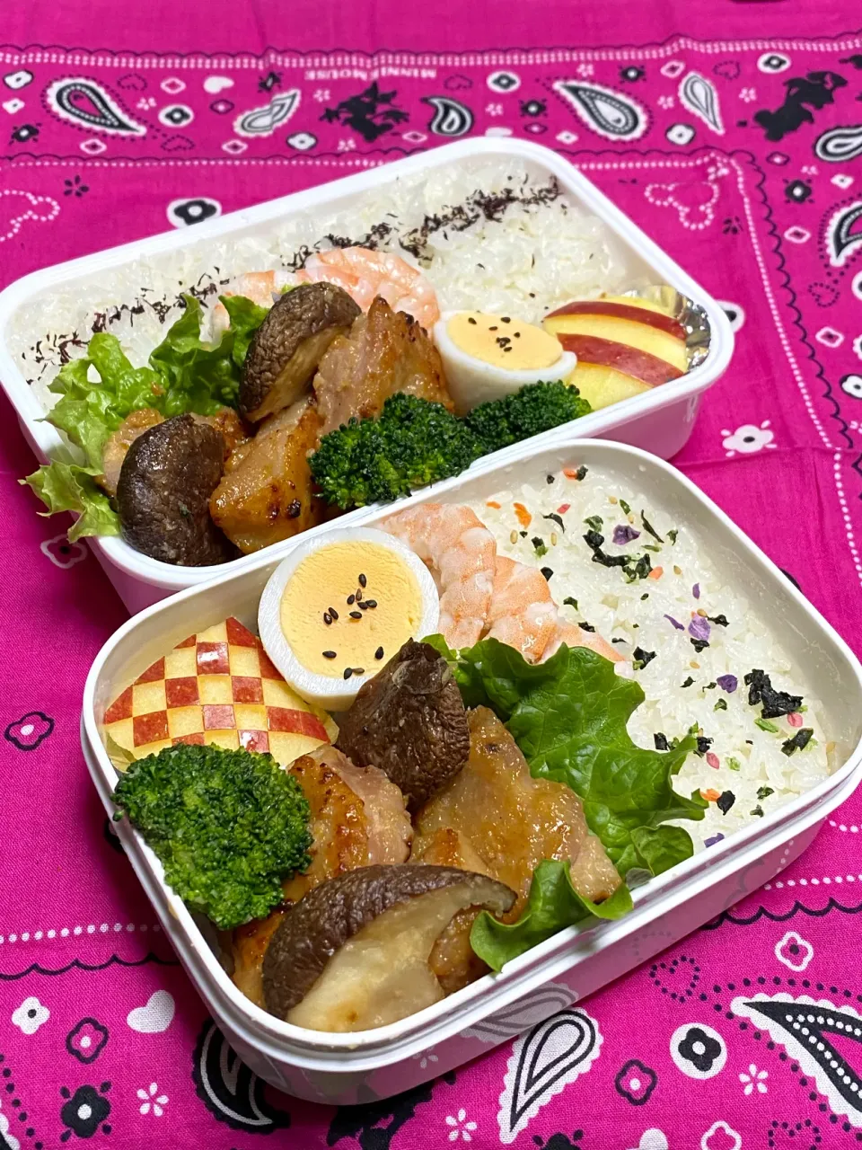 息子の今年最後のお弁当(強制～りんごの飾り切り😁)|かあたんさん