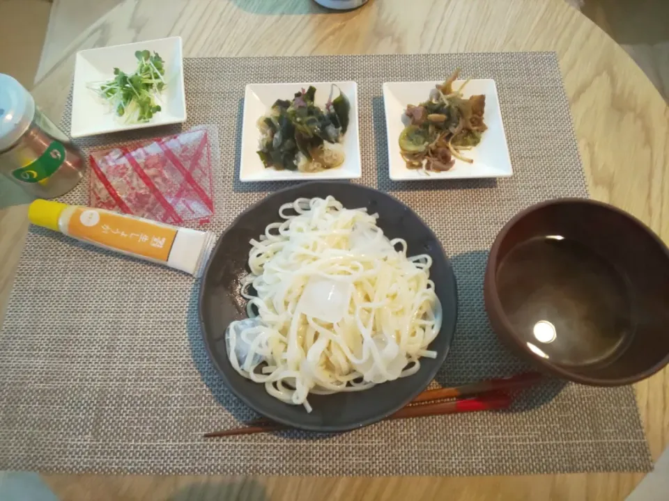 つけ汁うどん
豚肉とレタスともやしの炒め煮
海藻サラダ|あぎふぁんさん