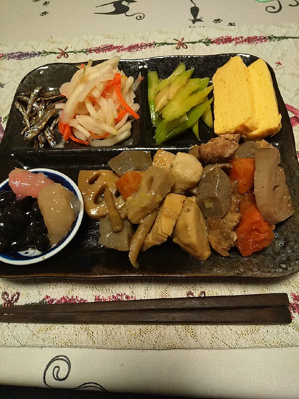 今日のお昼
※お煮しめ(手作り)
※黒豆(手作り)
※きんとん豆
※紅白なます(手作り)
※たつくり(手作り)
※セロリ浅漬(手作り)
※厚焼き玉子|れあMIXさん