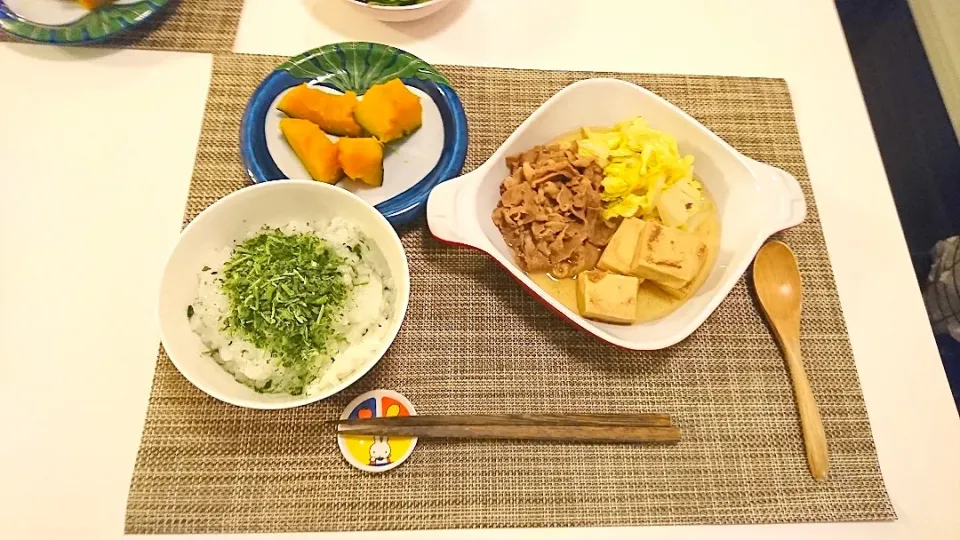 今日の夕食 七草粥、牛肉と高野豆腐の煮物、かぼちゃの塩麹煮|pinknari🐰🌈さん