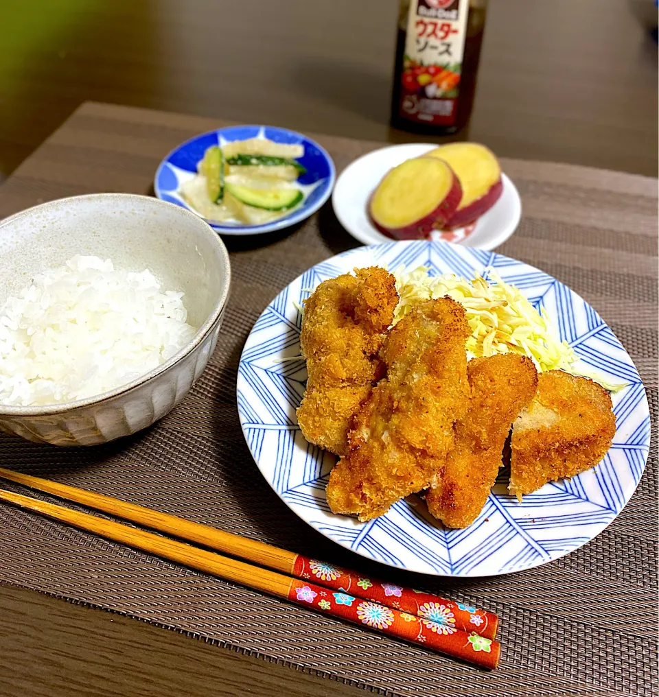 一口豚カツ　さつまいもレモン煮　大根きゅうりの胡麻和え|ちぐあささん