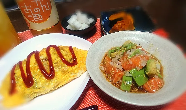 サーモンとアボカド🥑のポキ
  野菜オムレツ
  カボチャ煮物|びせんさん