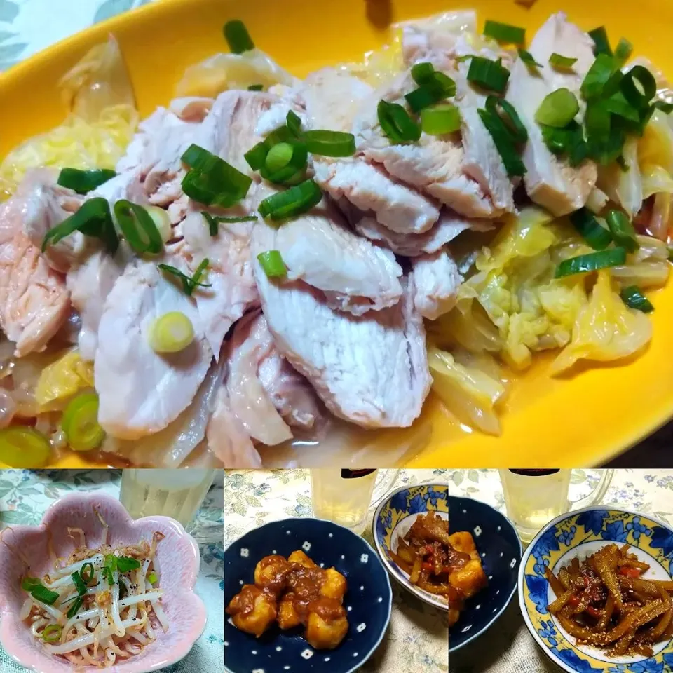 Snapdishの料理写真:レンジ鶏むね白菜蒸し＆ヤーコンのきんぴら＆無限もやし炒め＆里芋の煮っころがし|うたかた。さん