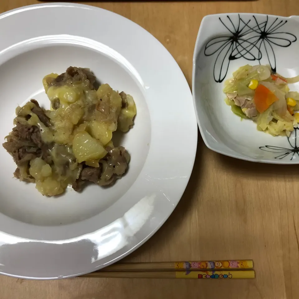 とろ〜りチーズの牛肉ポテト、ベーコンとキャベツの洋風煮|Rioさん