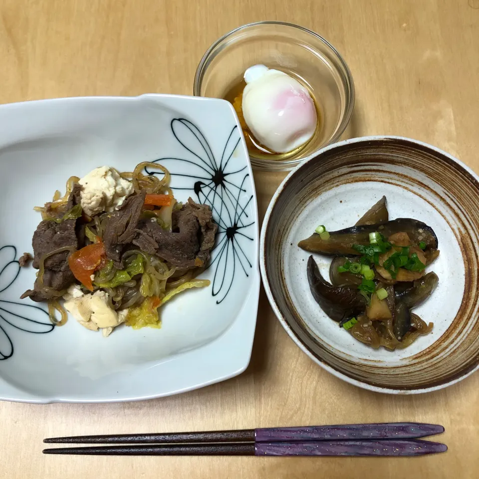 牛肉豆腐、ナスの味噌炒め、温泉卵|Rioさん