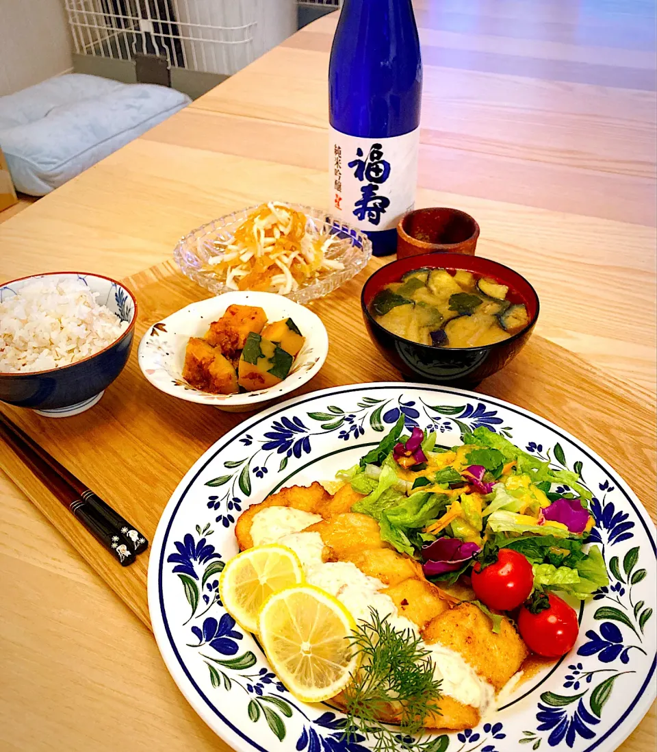 今日の夕食　チキン南蛮　カボチャのおかか煮　大根の中華クラゲ和え　茄子のお味噌汁|ふわ猫はなちゃんさん