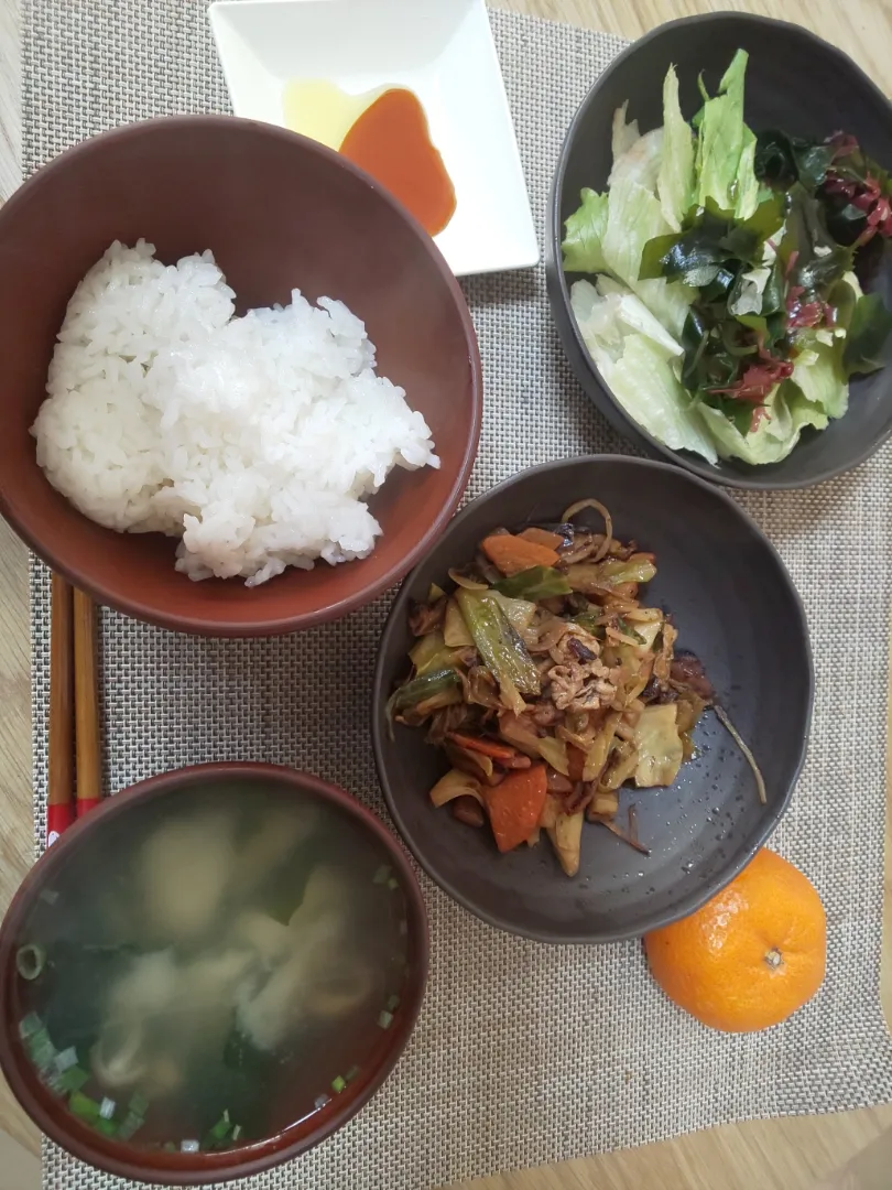 Snapdishの料理写真:白飯
わかめの味噌汁
豚とキャベツと人参ともやしの炒め
ちぎりレタスの海藻サラダ
みかん|あぎふぁんさん