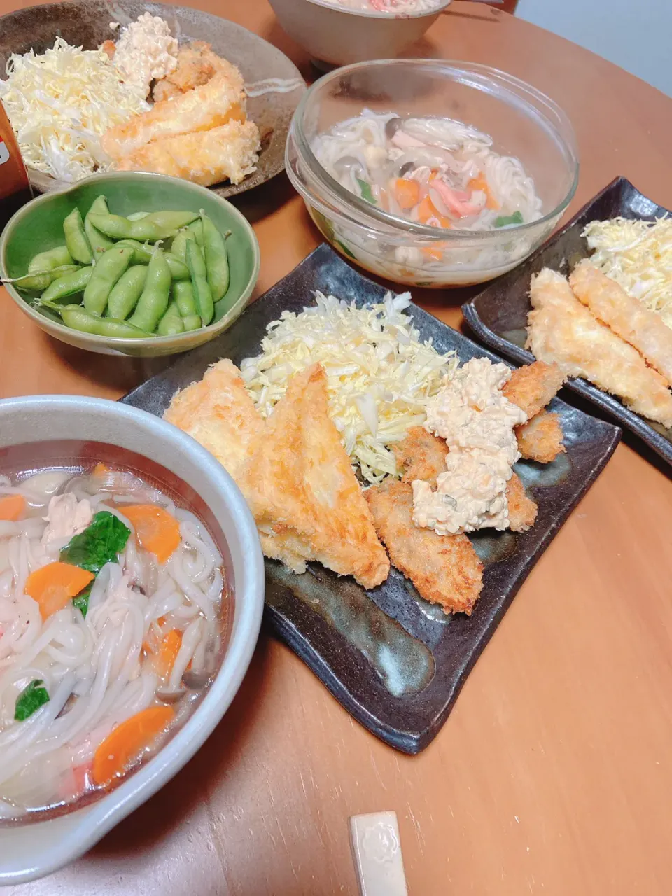 カキフライ、はんぺんフライ、糖質０麺にゅうめん、枝豆(*´ω｀*)ゞ|さくたえさん