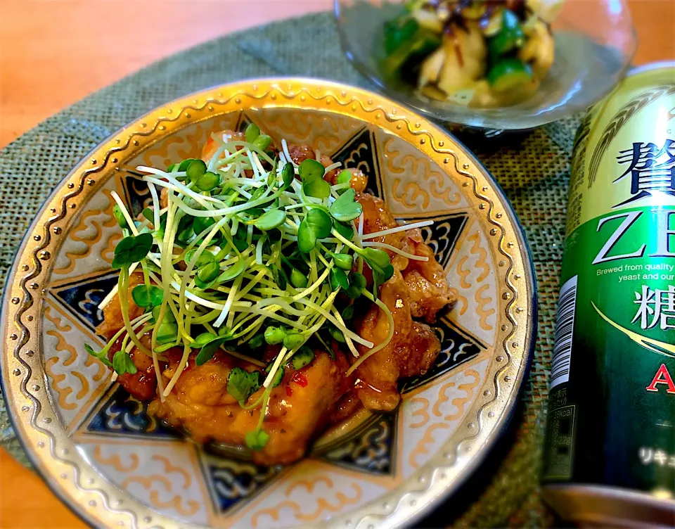 Snapdishの料理写真:ボンバーさんの料理 ことりちゃん🐤の手羽中の唐揚げ*
    ～ピリ辛ソース和え～🎵と蒸し豆と切り干し大根の粒マスタード和え💕お誕生日おめでとう〜🎉✨|fu♡さん