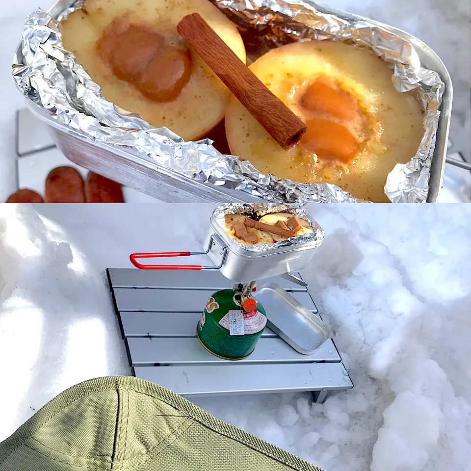 雪中ベランピング☃️で焼きりんご🍎|ジョニーさん