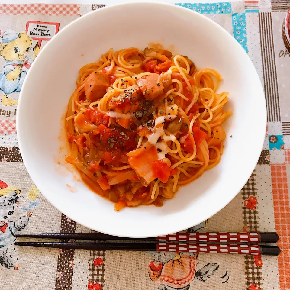 きのことベーコンのトマトバジルパスタ🍝|mayuさん