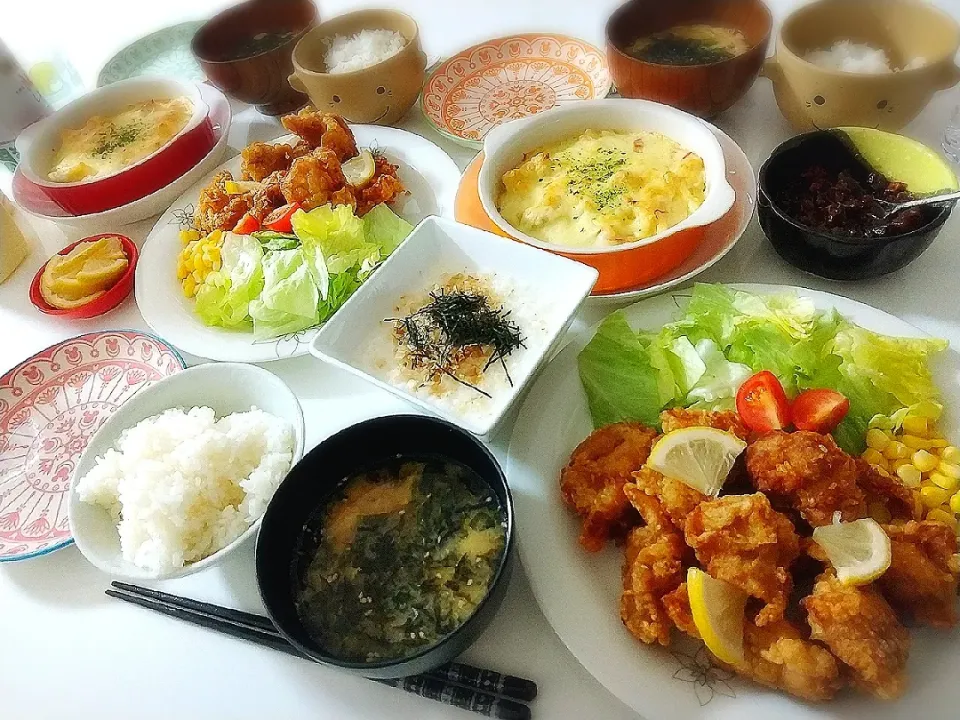 夕食(*^^*)
唐揚げ&サラダ
マカロニチキングラタン
とろろ
南蛮味噌
お味噌汁(豆腐、卵、海苔フレーク)|プリン☆さん