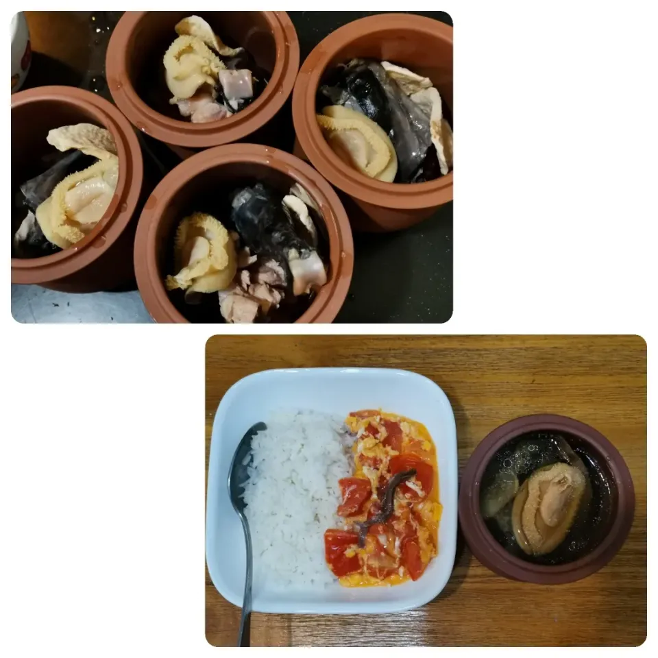 Rice with Fried egg and tomato
Stewed Black-bone chicken with dried abalone soup|Kalie Hoさん