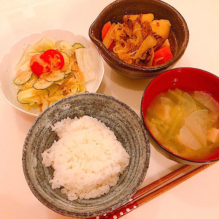 Snapdishの料理写真:ご飯、ほうれん草と大根と茄子の味噌汁、サラダ、肉じゃが|nikotan.syさん