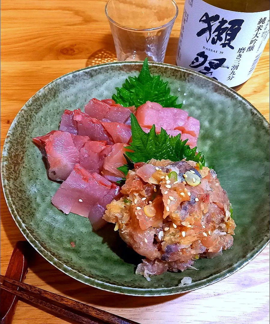 息子が作ってくれたイナダのお刺身と鯵のなめろう|ナオミさん