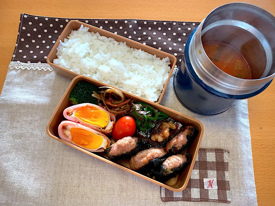 純豆腐チゲ😆ハムエッグ🥚磯辺豚バーグ🐖きんぴら🥕無限ピーマン🫑佃煮😋🥦🍚|あやこさん