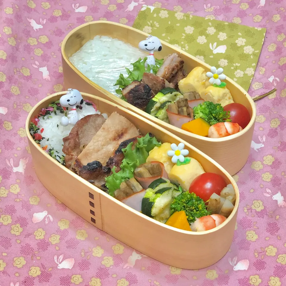 Snapdishの料理写真:豚肩ロース味噌漬けグリル☘の双子ちゃんお弁当💙❤️ 12/1火|sweet homeさん