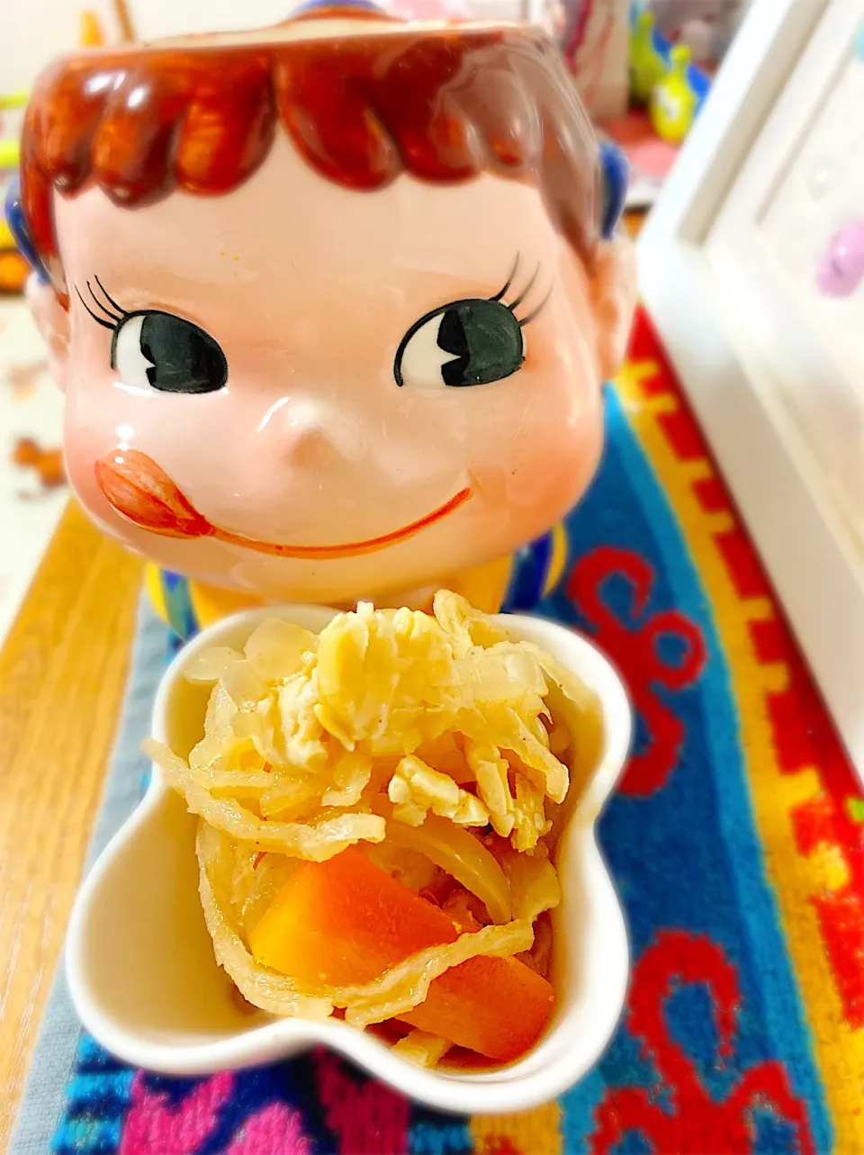 Snapdishの料理写真:優しい甘さでほっこり和おかず♡切干大根と打ち豆と玉ねぎにんじんの煮物。|ぽき。さん