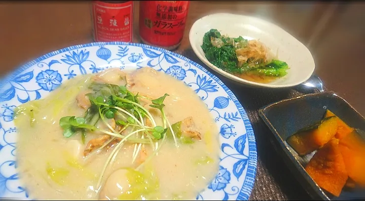 白菜とホタテ中華クリーム煮
 なばなお浸し🌱
 カボチャ煮物|びせんさん