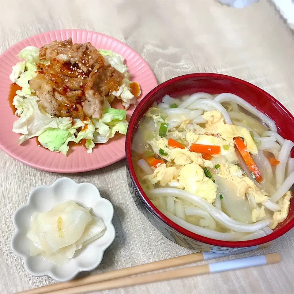 かき玉野菜うどん&揚げ豚のピリ辛ダレ|おいもさん