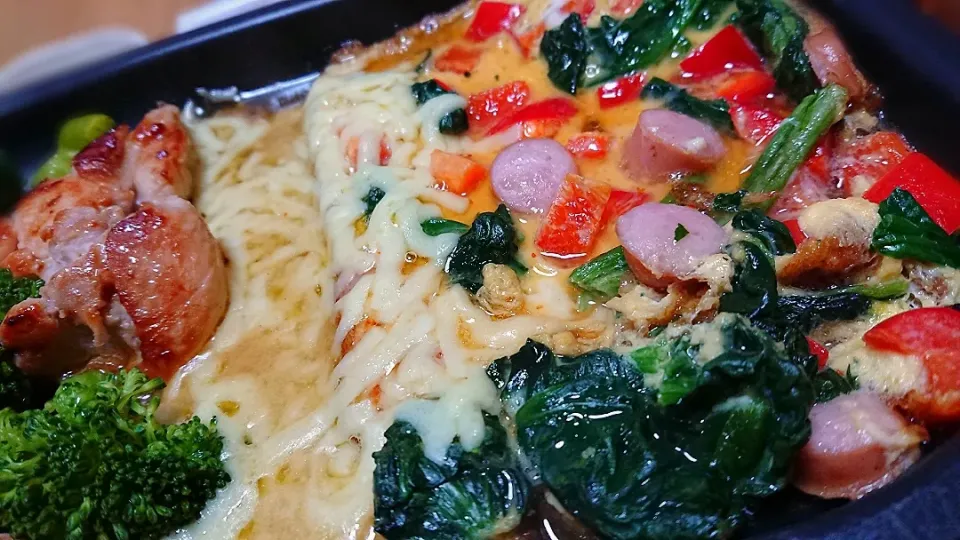 Snapdishの料理写真:ほうれん草パプリカウインナー卵焼きCOOKPAD豚バラ大根がけ|やっちさん