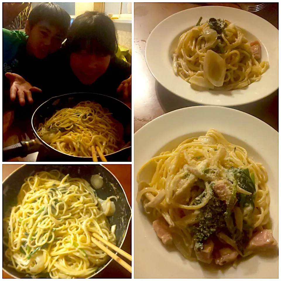 Today's dinner🍴ほうれん草とﾍﾞｰｺﾝ,しめじのｸﾘｰﾑﾊﾟｽﾀby daughter|🌈Ami🍻さん