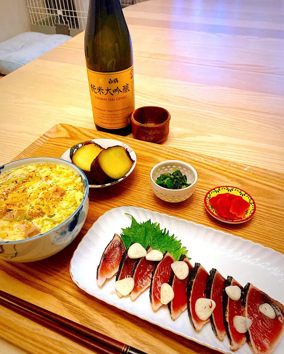 今日の夕食　鰹の塩タタキ　親子餡かけ煮麺　焼き芋　ほうれん草の胡麻和え　赤かぶの酢漬け|ふわ猫はなちゃんさん