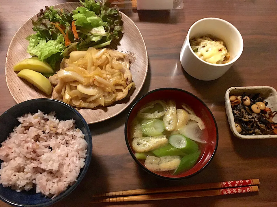 生姜焼きと長ネギたっぷり味噌汁|にゃふてんさん