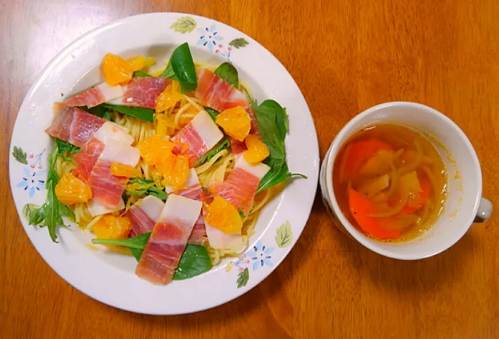 １月１７日　生ハムとオレンジのパスタ　玉ねぎとにんじんのスープ|いもこ。さん