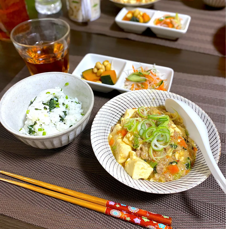 麻婆豆腐　春雨サラダ　かぼちゃと大豆の煮物|ちぐあささん