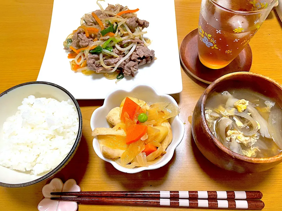 牛肉とつるつる春雨のチャプチェ、かき玉スープ|江口笑湖さん