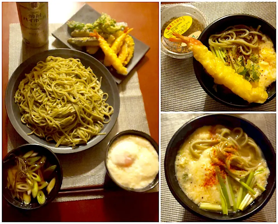 Snapdishの料理写真:Today's dinner🍴天麩羅･大和芋&ねばりｽﾀｰのとろろw/温泉卵･茶蕎麦･根芹葱だれ|🌈Ami🍻さん