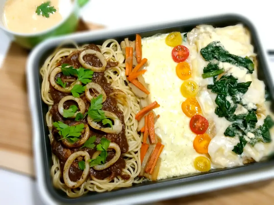 勝ち飯〜イカスミトマトパスタ✕ほうれん草と舞茸ラザニア|norimomoさん