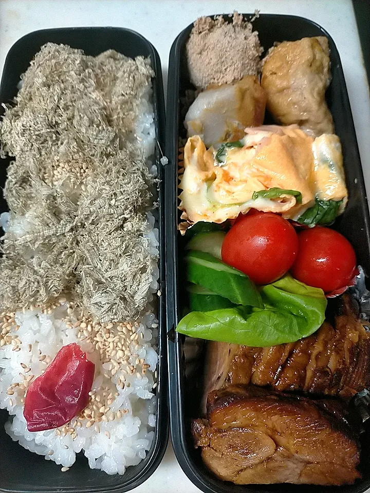 焼豚弁当❣
★里芋・がんも煮
★サラダ菜・ハム・チーズ卵焼き
★たらこ煮|芽亜里さん