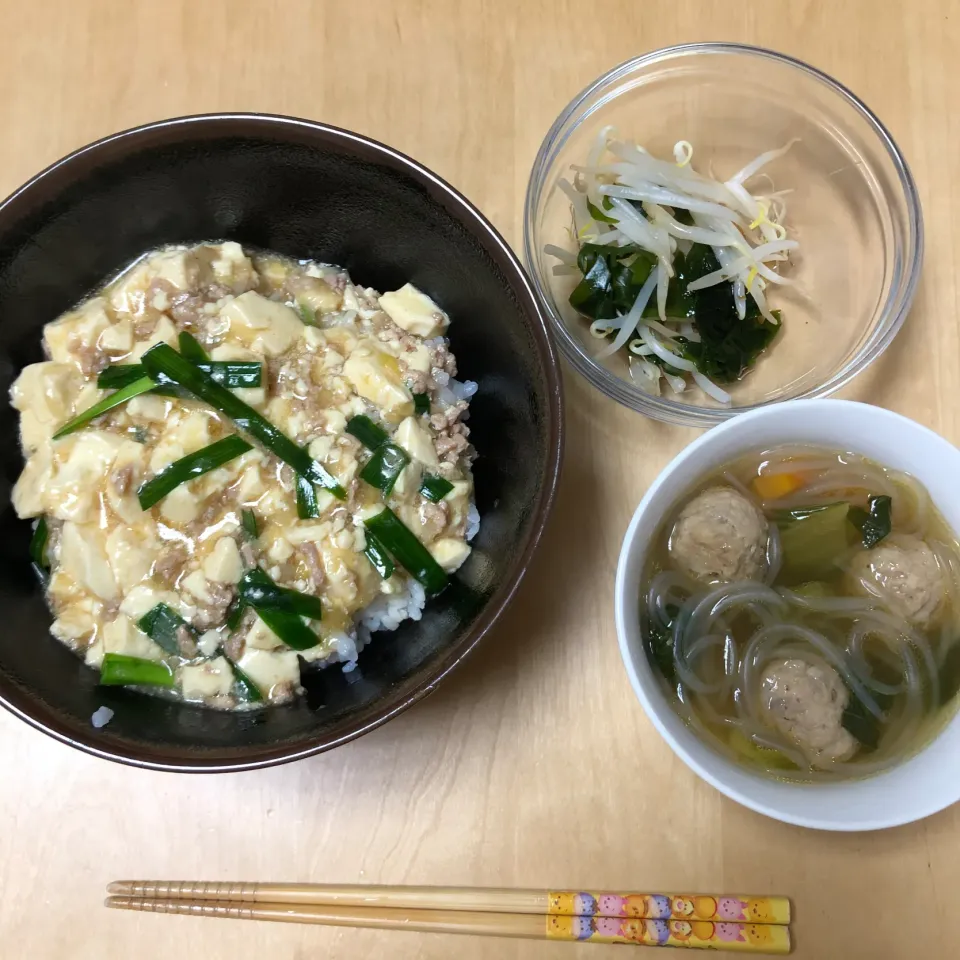 麻婆豆腐、肉団子春雨スープ、中華風あえ|Rioさん