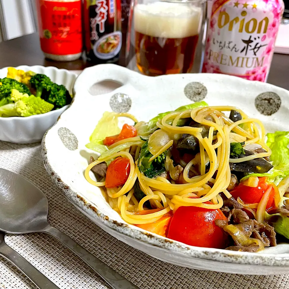 1/22晩ご飯：牛肉の中華風パスタ|ななみんさん