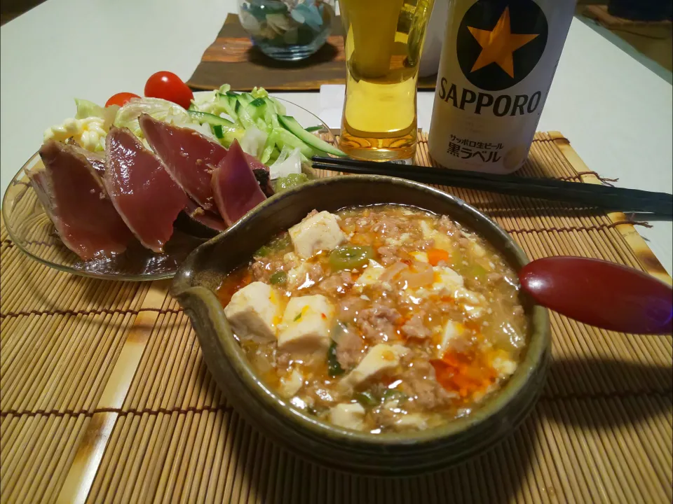 Snapdishの料理写真:カツオの中華マリネ、手作り辛味の麻婆豆腐|miyuki🌱さん