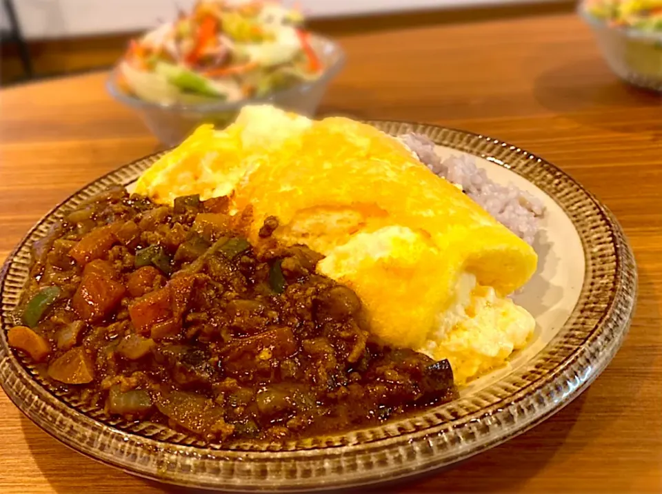 野菜たっぷりキーマカレー&ふわふわスフレオムレツ|ふくすけ食堂さん