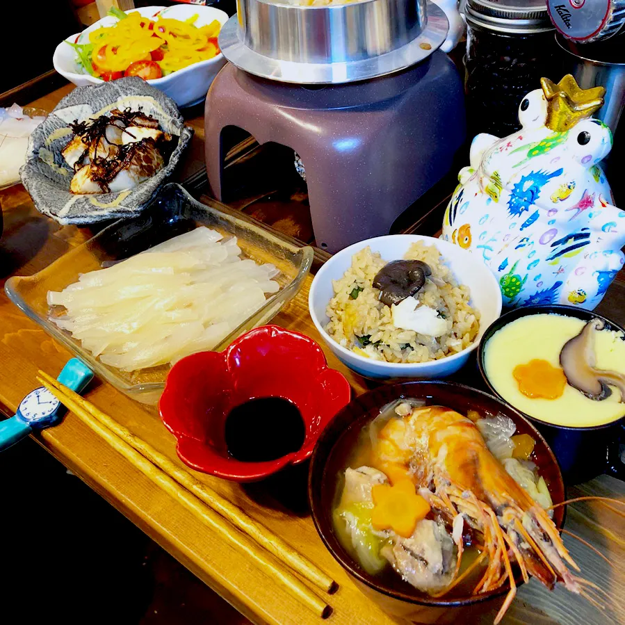 ・蕪の塩昆布焼き・茶碗蒸し・お雑煮・鯛釜飯・イカ素麺・サラダ|まぁちゃんさん