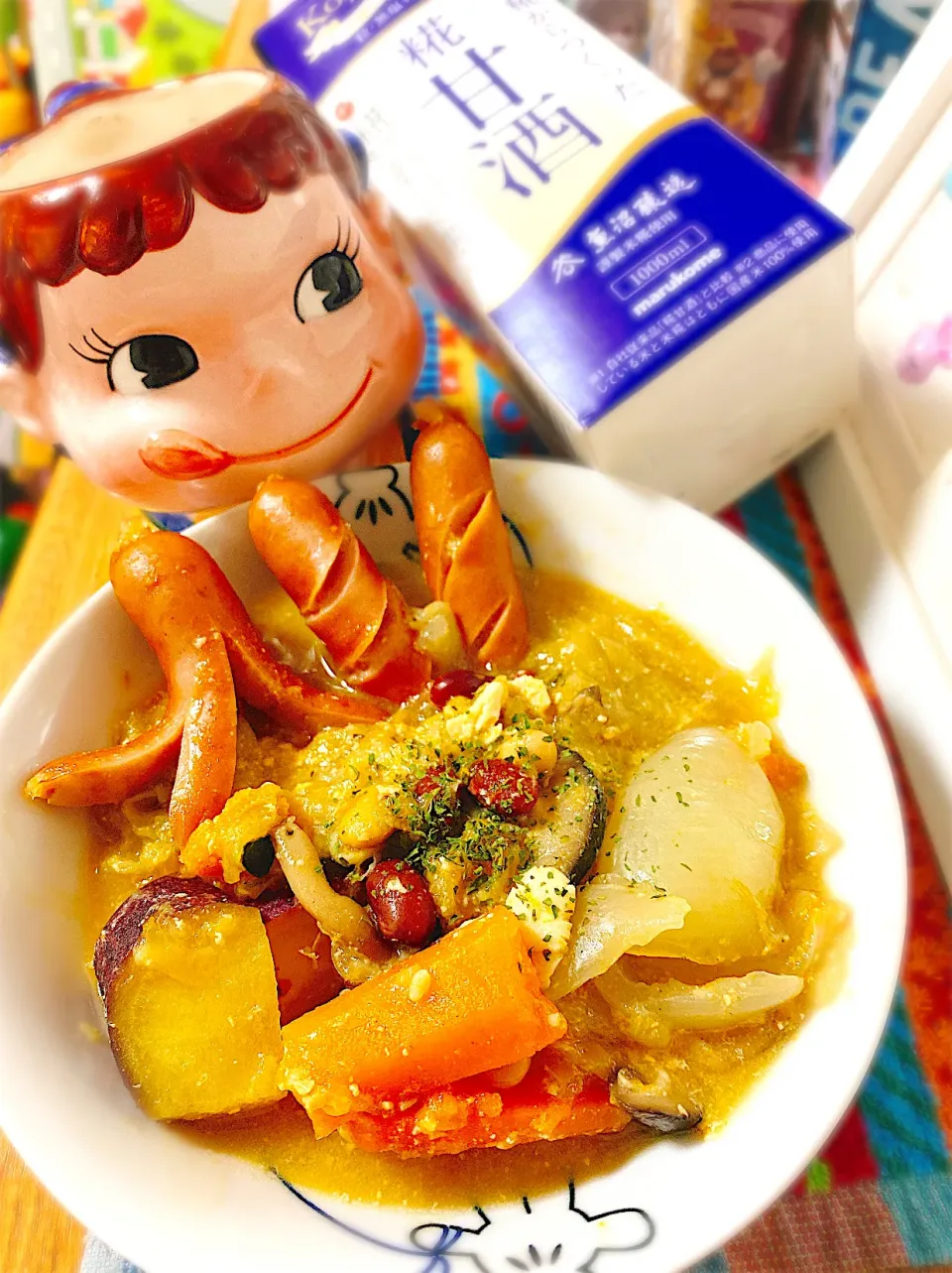 糀甘酒でポカポカ♡たっぷりお野菜ときのことお豆の甘酒豆乳味噌煮込み。|ぽき。さん