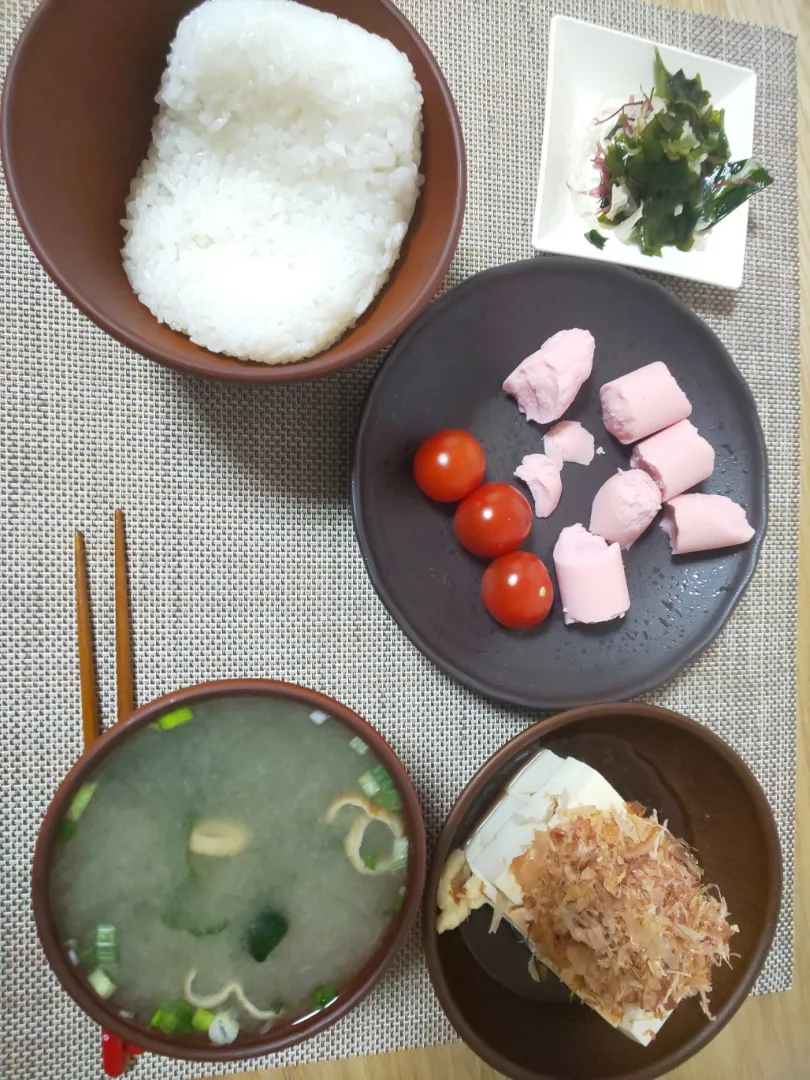 白飯
わかめの味噌汁
魚肉ソーセージ
冷奴
海藻サラダ
プチトマト|あぎふぁんさん