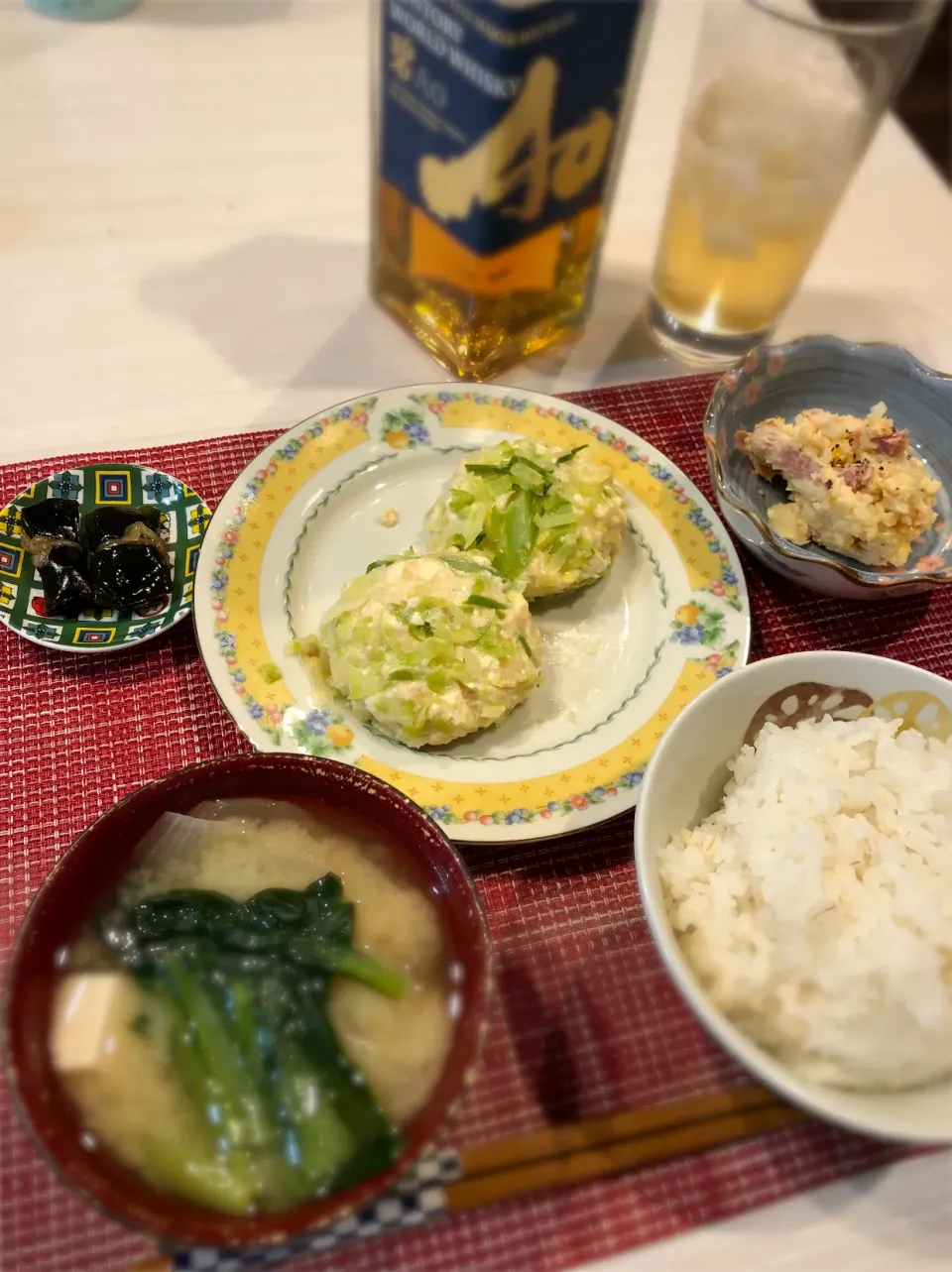 豆腐とひき肉のキャベツ蒸し　ポテトサラダ　昆布の佃煮　味噌汁|キヨさん