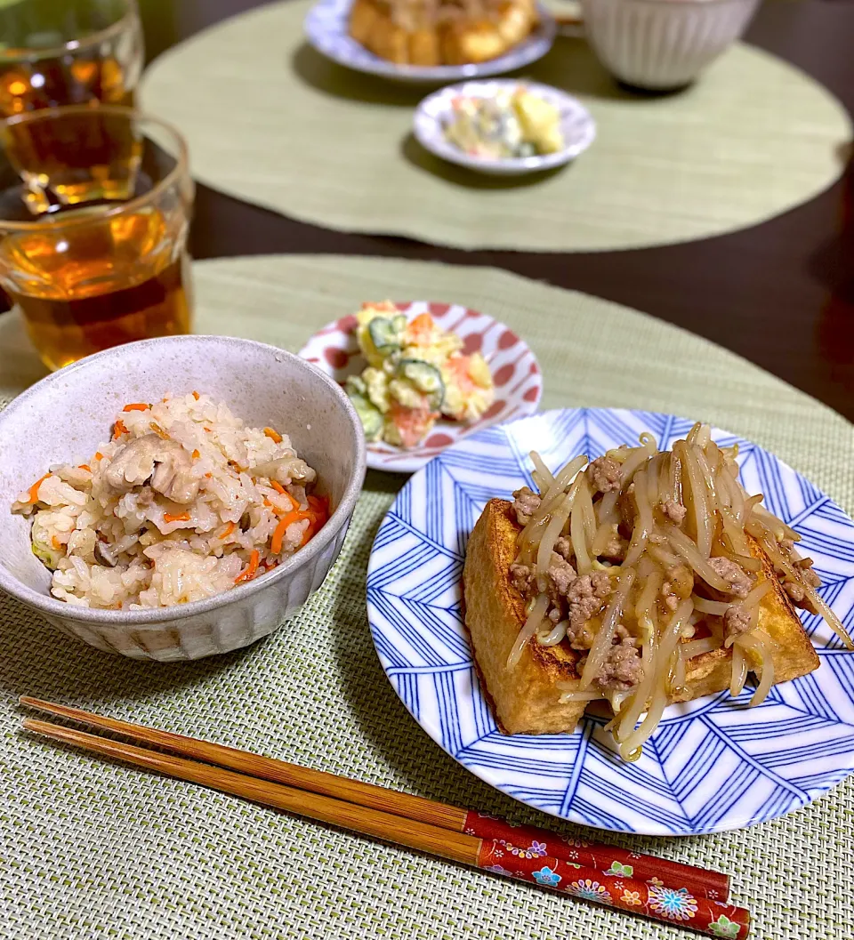 切り餅中華おこわ　いぶりがっこポテサラ　厚揚げもやしあんかけ|ちぐあささん